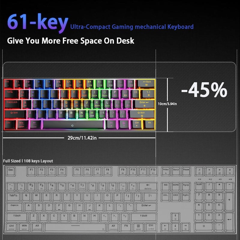 Wireless Bluetooth Tri-Mode (2.4G/Bluetooth/USB-C) Mechanical Keyboard, Multi-Platform Support (Windows/Mac/Linux/Tablet), Rechargeable 61-Key RGB Backlit Brown Switch Gaming Keyboard - Image 4