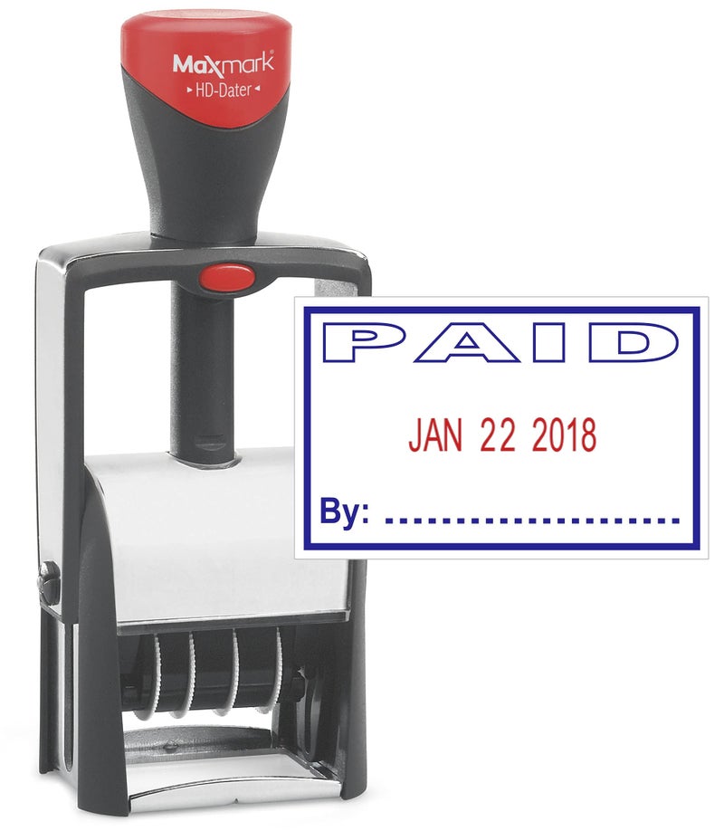 MaxMark Heavy Duty Self Inking Date Stamp with Phrase Paid - 2 Color Blue/Red Ink - Image 1