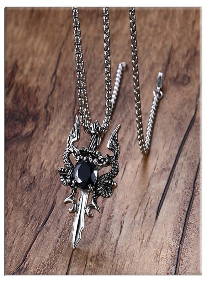 Xusamss Punk Titanium Steel Wing Dragon Crystal Pendant Sword Necklace,24inches Link Chain - Image 3