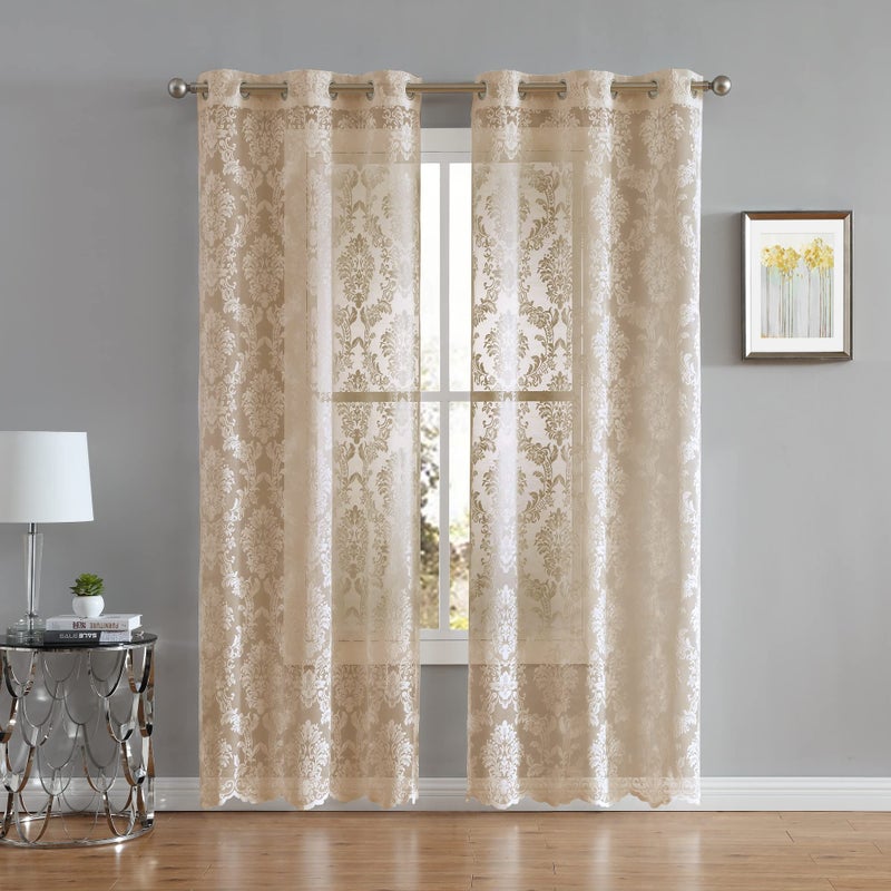 LinenZone Pair of 2 Knitted Lace Curtain Panels with Scalloped Bottom. Elegant Farmhouse Lace Curtains for Living Room, Bedroom, or Dining Room. (Lisa 38 x 63, Linen) - Image 1
