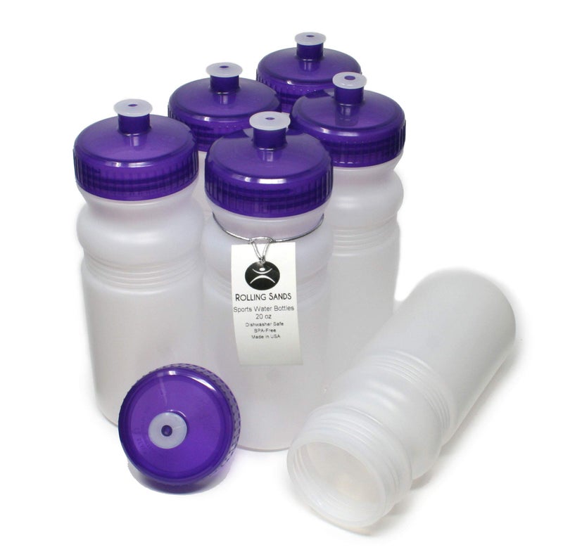 Rolling Sands 20 Ounce Sports Water Bottles 6 Pack  BPA-Free  Made In USA  Dishwasher Safe  Clear Frost Bottles/Purple Lids - Image 1