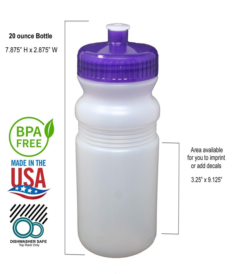 Rolling Sands 20 Ounce Sports Water Bottles 6 Pack  BPA-Free  Made In USA  Dishwasher Safe  Clear Frost Bottles/Purple Lids - Image 3