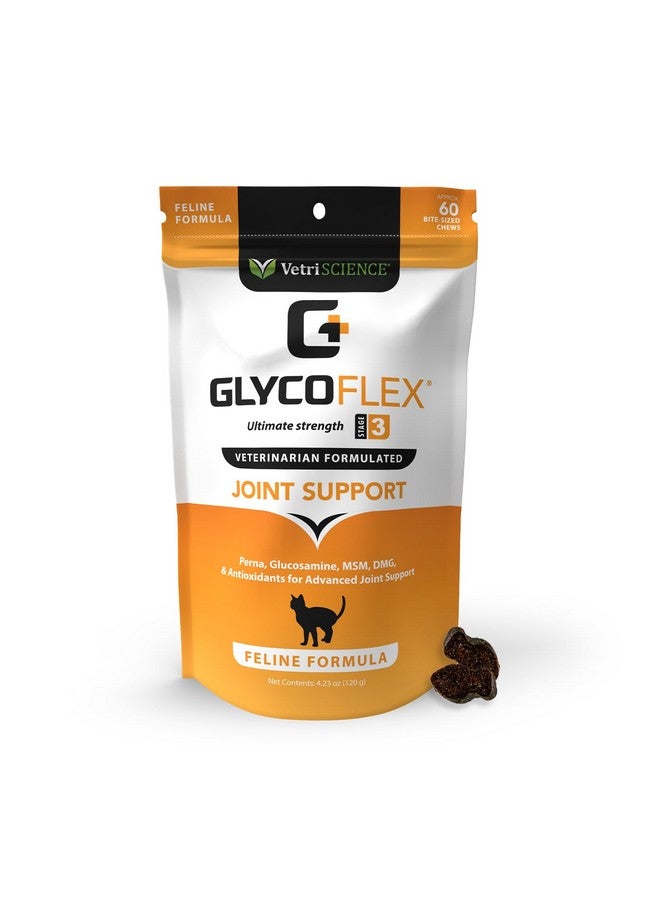 فيتري ساينس لابوراتوريز Glycoflex 3، مكملات غذائية مثبتة سريريًا لدعم المفاصل للقطط - مكمل غذائي لصحة الورك والمفاصل مع الجلوكوزامين والميثيل سلفونيل ميثان وبلح البحر الأخضر ودي إم جي - 60 حبة مضغ بنكهة الدجاج - Image 1