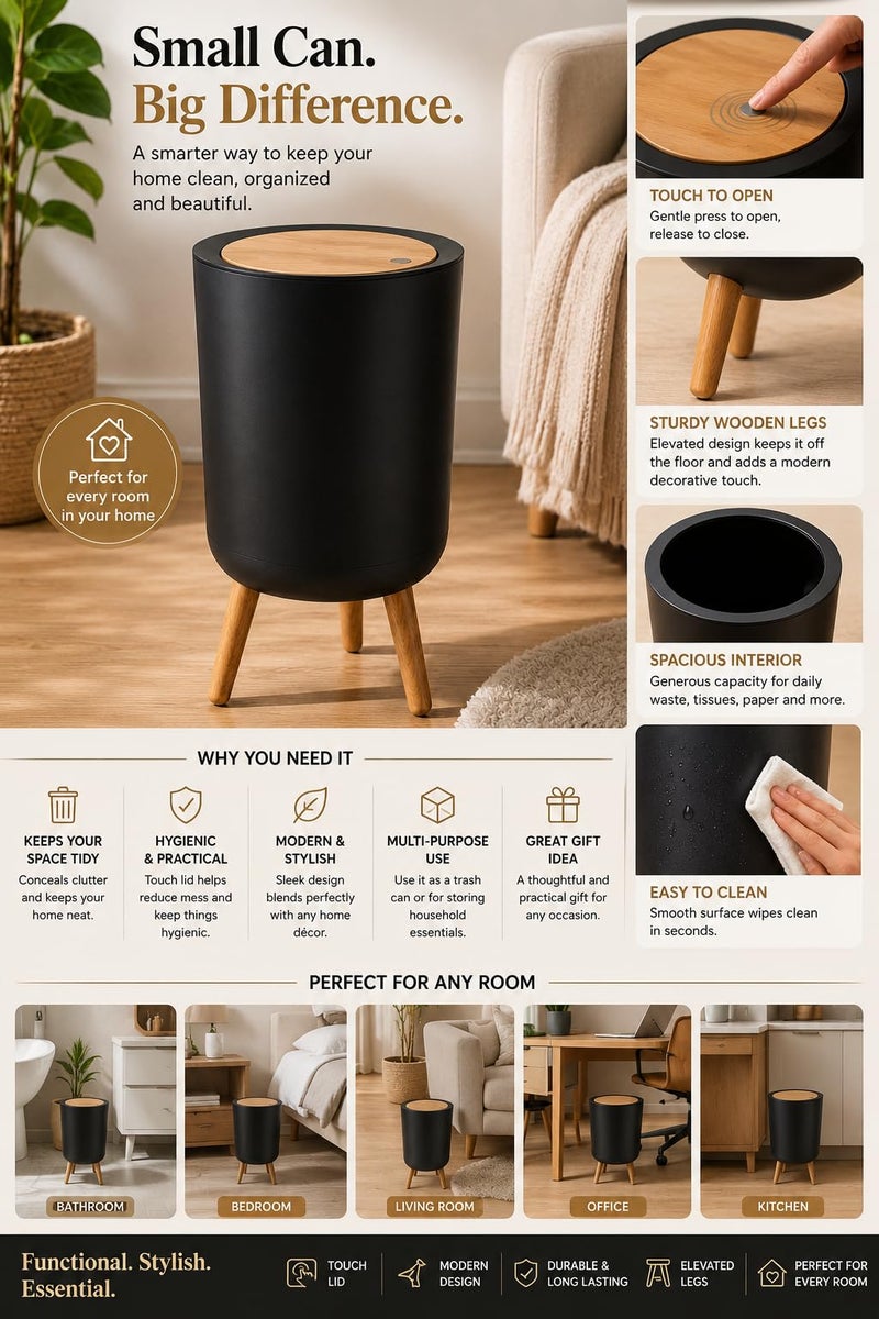 Modern Touch Trash Can, Touch Lid Waste Basket with Wooden Legs, Stylish Garbage Bin for Bathroom, Bedroom, Office, Living Room & Home Black - Image 3
