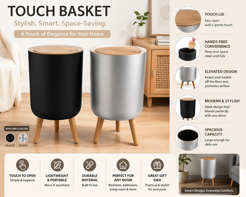 Modern Touch Trash Can, Touch Lid Waste Basket with Wooden Legs, Stylish Garbage Bin for Bathroom, Bedroom, Office, Living Room & Home Black - Image 4