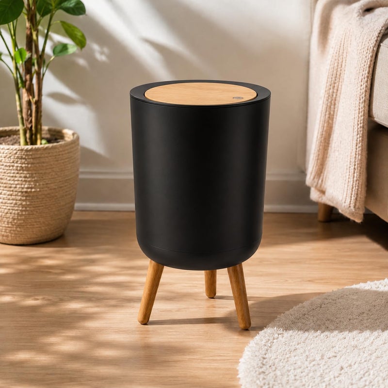 Modern Touch Trash Can, Touch Lid Waste Basket with Wooden Legs, Stylish Garbage Bin for Bathroom, Bedroom, Office, Living Room & Home Black - Image 1