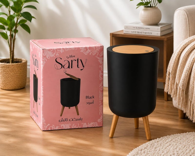 Modern Touch Trash Can, Touch Lid Waste Basket with Wooden Legs, Stylish Garbage Bin for Bathroom, Bedroom, Office, Living Room & Home Black - Image 2