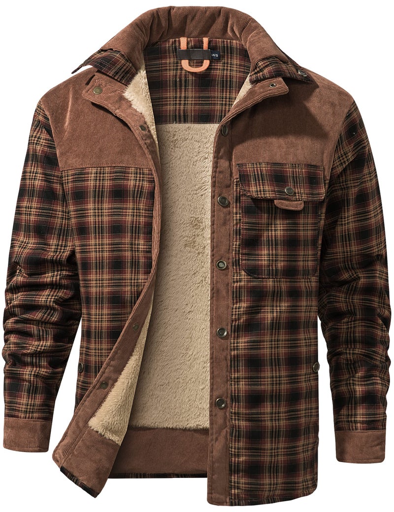 Flygo Mens Flannel Jacket Loose Plaid Sherpa Lined Flannel Shirt Snap Button Warm Winter Jackets PocketsRedCoffeeM