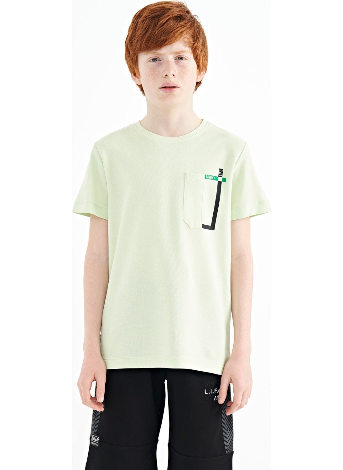 Tommy Life Light Green Pocket Detailed O Neck Standard Pattern Boy T-Shirt - 11120  - Image 1