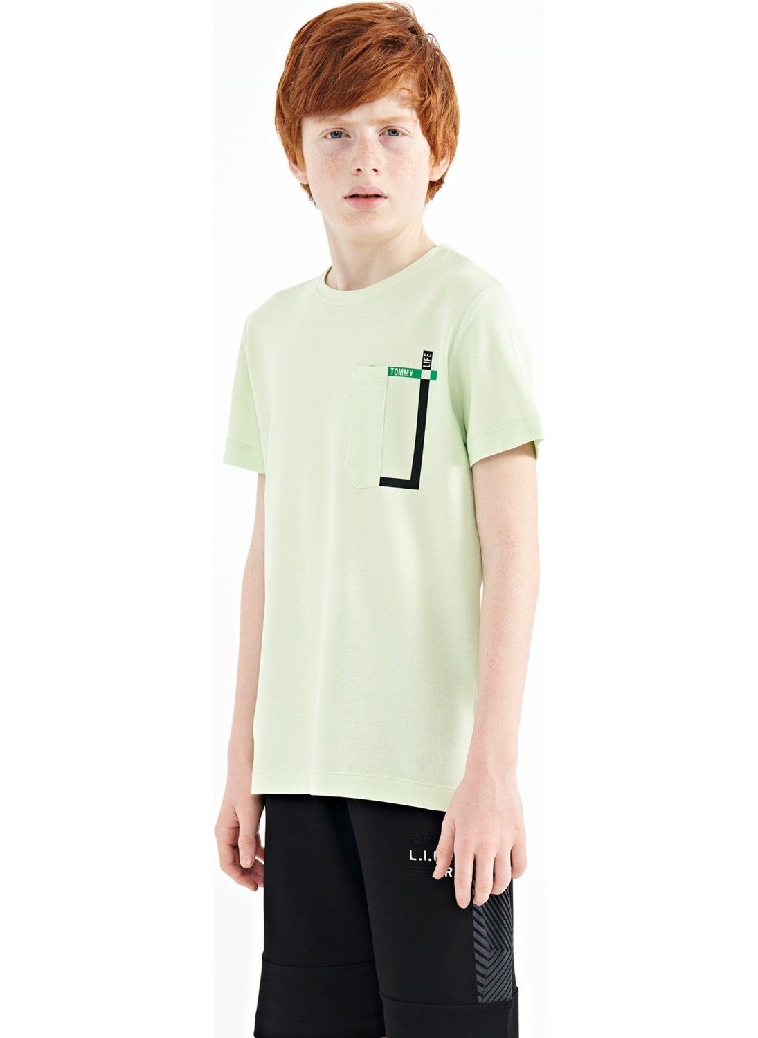 Tommy Life Light Green Pocket Detailed O Neck Standard Pattern Boy T-Shirt - 11120  - Image 5