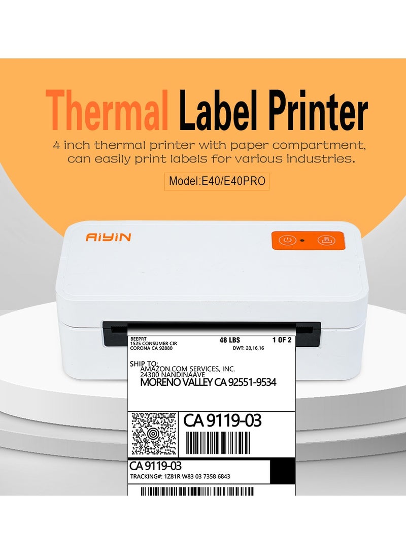 آيين E40 Pro Aiyin Shipping طابعة ملصقات حرارية، 4x6 بوصة، بلوتوث، 203 نقطة في البوصة، USB-C، متوافقة مع IOS Android Windows Mac، للمنزل والمكتب والشركات الصغيرة - Image 2