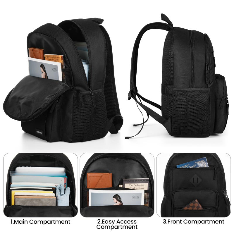 BIKROD Black Backpack for Men and Women, Backpack for School Teens Boys and Girls, Lightweight Casual High School Bookbag, Daily-use Travel Laptop Backpack Fits 15.6 Inch Notebook - Image 2