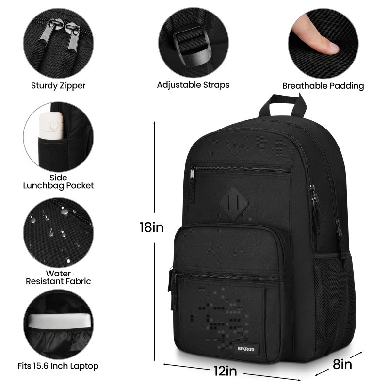 BIKROD Black Backpack for Men and Women, Backpack for School Teens Boys and Girls, Lightweight Casual High School Bookbag, Daily-use Travel Laptop Backpack Fits 15.6 Inch Notebook - Image 3