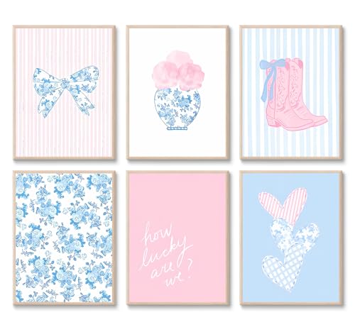 CENDAP 6 Pcs Blue and Pink Floral Bow Wall Art Trendy Chinoiserie Watercolor Heart Canvas Prints Posters Cowgirl Boots Aesthetic Wall Decor for Girly Room Coastal Dorm Home Decor Unframed 8x10in - Image 1