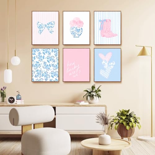 CENDAP 6 Pcs Blue and Pink Floral Bow Wall Art Trendy Chinoiserie Watercolor Heart Canvas Prints Posters Cowgirl Boots Aesthetic Wall Decor for Girly Room Coastal Dorm Home Decor Unframed 8x10in - Image 3