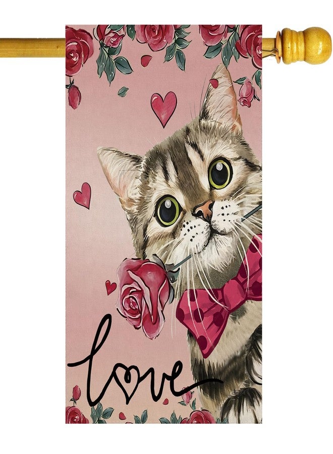 ZAEW Valentines Day Romantic Roses Love Hearts Cat House Flag Big Large Burlap 28X40 Inch Vertical Double Sided Outside Yard Holiday Outdoor Farmhouse Decoration - Image 1