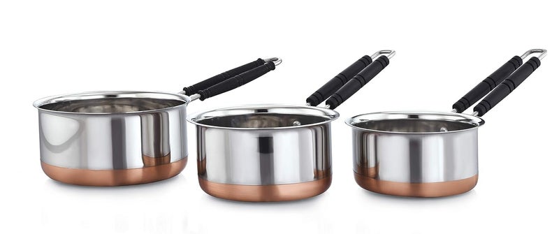 BPE Copper Bottom Base Sauce Tea Pan Vessel with Handle Stainless Steel Coffee Milk Cooking Tope Saucepan Pots with Handle Silver Set of 3 1000 LTR 15 LTR 19 LTR - Image 1