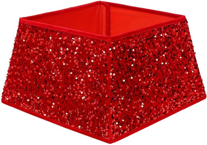 CHRISTMAS TREE COLLAR 24 INCH SEQUIN TREE SKIRT FOR CHRISTMAS HOLIDAY HOME DECOR XMAS TREE RING STAND BASE COVER SMALL SIZE 4 PIECE RED