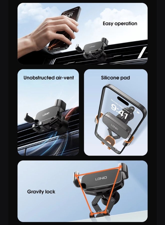 LDNIO Universal Gravity Mechanical Car Mount – 360° Rotating Air Vent Mobile Phone Holder, Automatic Tightening Clamp, Mini Size, Stable & Non-Slip with Thicken Silicone Pad – Compatible with All Smartphones - Image 3