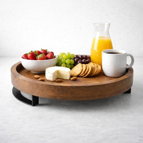 POSHIO® POSHIO Wooden Tray Serving Platter with Metal Stand | Round Wood Tray for Dining Table Organizer | 12 x 12 Inches | Handmade Serving Stand and Big Platter (No Design, 12x12inches) - Image 1