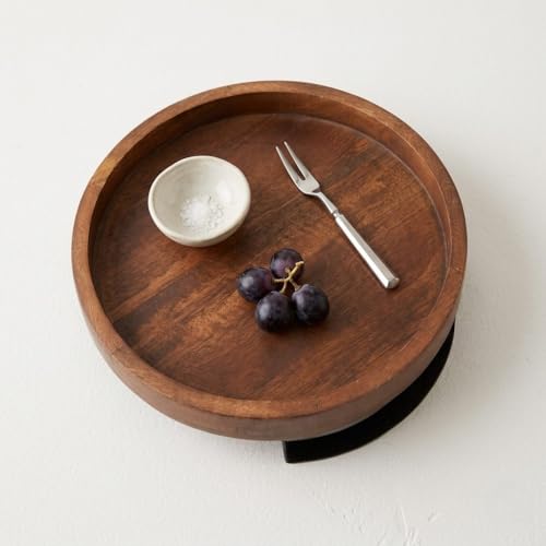 POSHIO® POSHIO Wooden Tray Serving Platter with Metal Stand | Round Wood Tray for Dining Table Organizer | 12 x 12 Inches | Handmade Serving Stand and Big Platter (No Design, 12x12inches) - Image 3