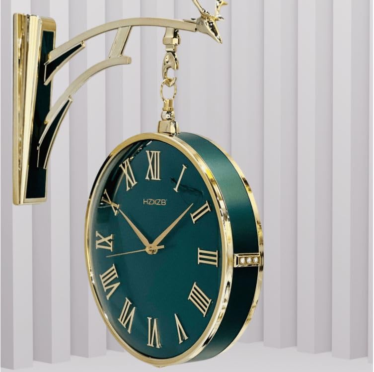 NYTRYD Antique Double Sided Metal Wall Clock QuietEasy ReadHome DcorIndoorOutdoorGardenFarmhouseYardStationOfficePhotography PropsLiving RoomKitchenBedroom W4Green - Image 1