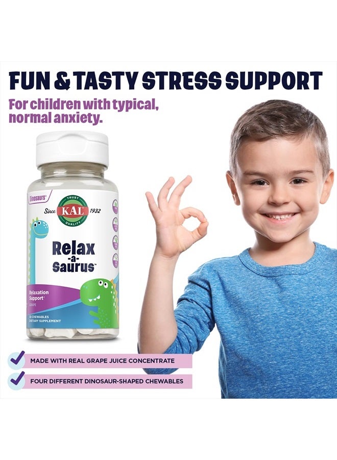 KAL Relax-a-Saurus, Stress Support Supplement for Kids, L-Theanine for Children with Herbal Stress Relief & Relaxation & Blend, Delicious Natural Grape Flavor, 60-Day Guarantee, 30 Chewables - Image 4