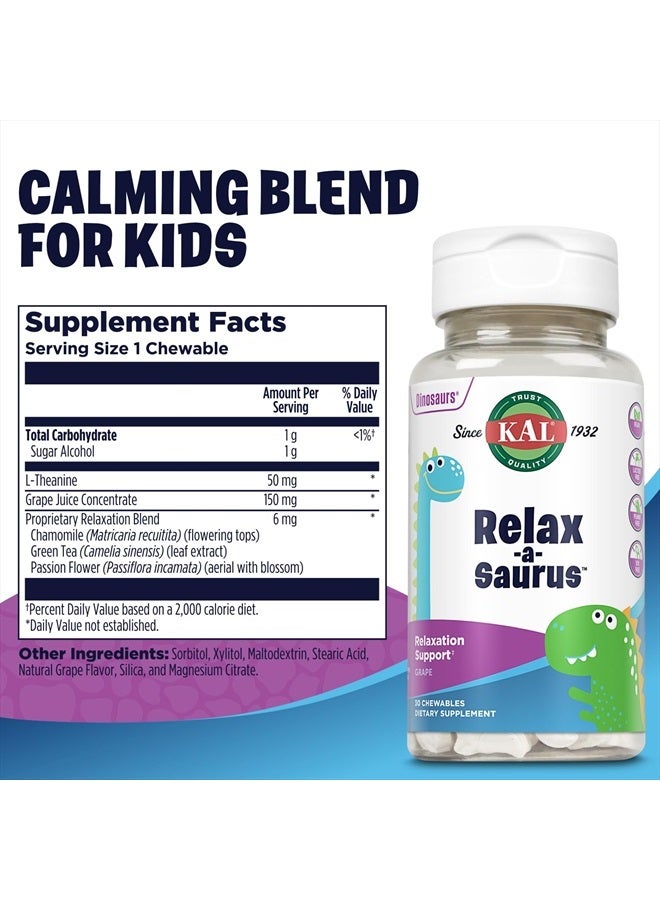 KAL Relax-a-Saurus, Stress Support Supplement for Kids, L-Theanine for Children with Herbal Stress Relief & Relaxation & Blend, Delicious Natural Grape Flavor, 60-Day Guarantee, 30 Chewables - Image 2
