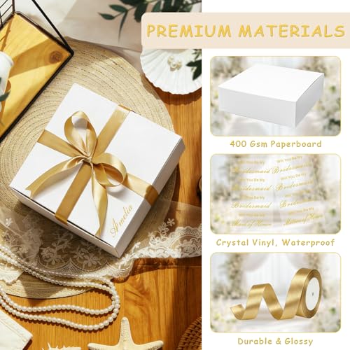 EXJEXJ 8 Sets Bridesmaid Proposal Gift Boxes with Lids - 8Pcs Will You Be My Bridesmaid Vinyl Sticker Decal Custom Name and Satin Ribbon - White Cardboard Gift Box for Wedding, Bridal Shower, Bachelorette Party - Image 3