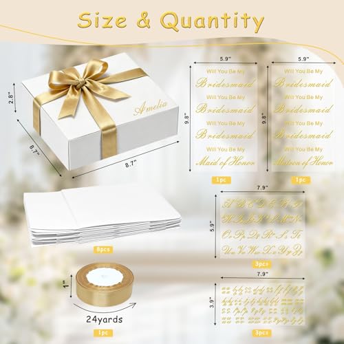 EXJEXJ 8 Sets Bridesmaid Proposal Gift Boxes with Lids - 8Pcs Will You Be My Bridesmaid Vinyl Sticker Decal Custom Name and Satin Ribbon - White Cardboard Gift Box for Wedding, Bridal Shower, Bachelorette Party - Image 2