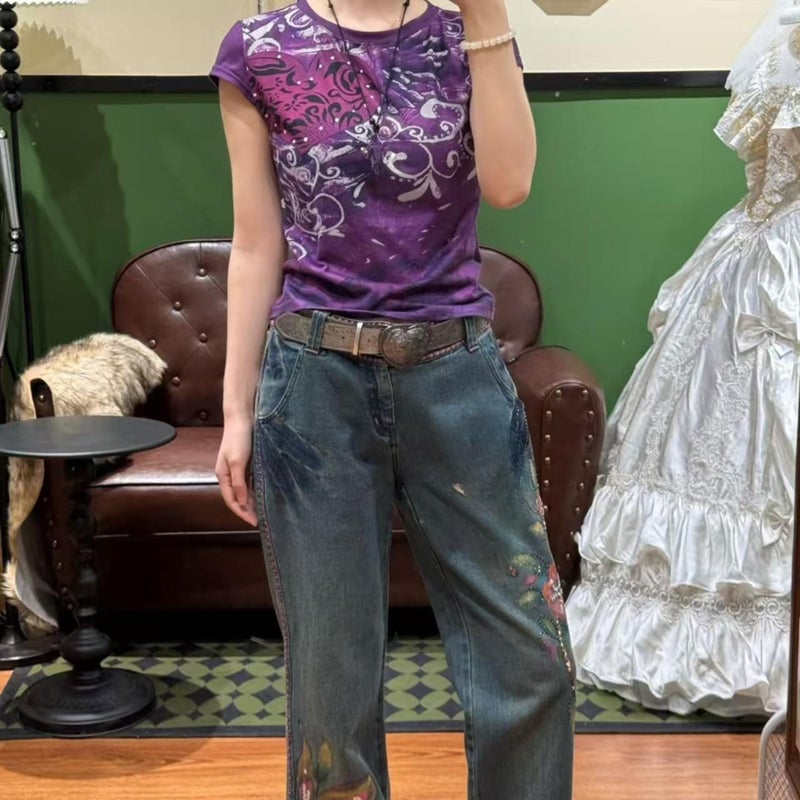 RICHTRUE Emo Grunge Shirts Y2k Goth Short Sleeve Tops 2000s Harajuku Fashion Mcbling Vintage Graphic Streetwear Women Tops (Purple White Flower,Small) - Image 5
