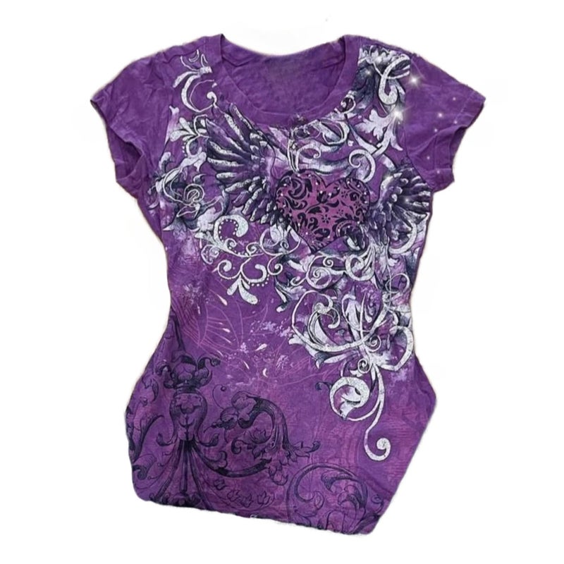 RICHTRUE Emo Grunge Shirts Y2k Goth Short Sleeve Tops 2000s Harajuku Fashion Mcbling Vintage Graphic Streetwear Women Tops (Purple White Flower,Small) - Image 1