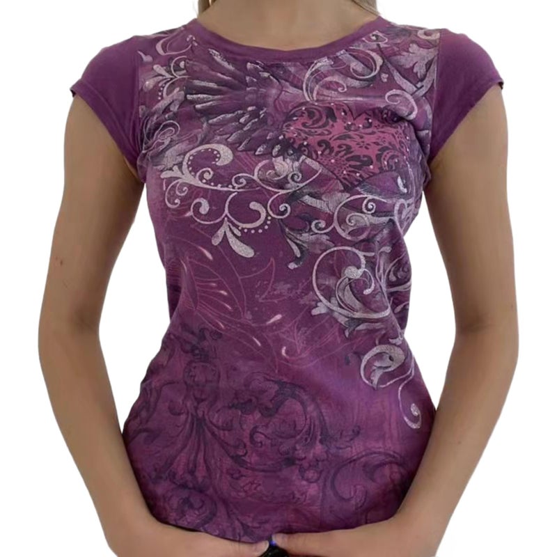 RICHTRUE Emo Grunge Shirts Y2k Goth Short Sleeve Tops 2000s Harajuku Fashion Mcbling Vintage Graphic Streetwear Women Tops (Purple White Flower,Small) - Image 2