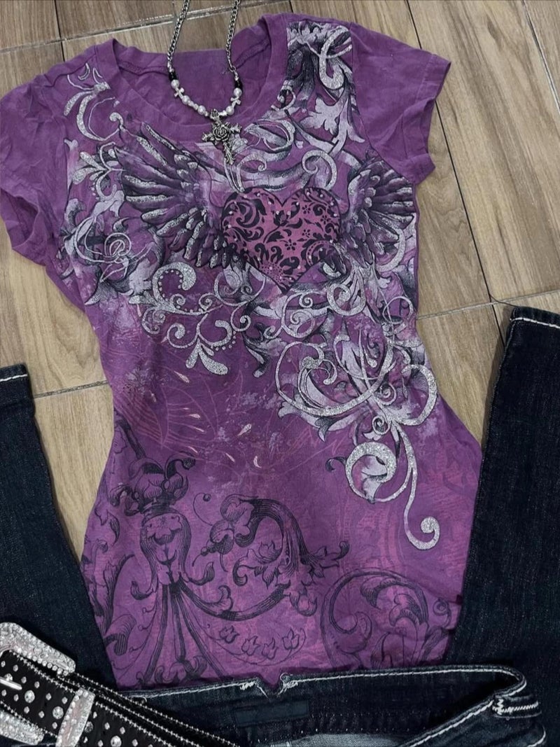 RICHTRUE Emo Grunge Shirts Y2k Goth Short Sleeve Tops 2000s Harajuku Fashion Mcbling Vintage Graphic Streetwear Women Tops (Purple White Flower,Small) - Image 3