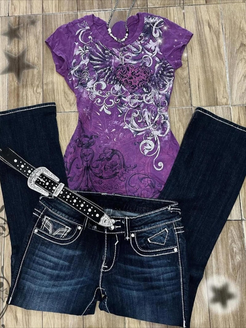 RICHTRUE Emo Grunge Shirts Y2k Goth Short Sleeve Tops 2000s Harajuku Fashion Mcbling Vintage Graphic Streetwear Women Tops (Purple White Flower,Small) - Image 4