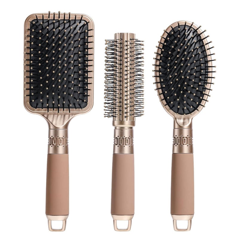 Hexwell Hair Brush Comb Set For Women Men 3pcs Includes Anti-Static Massage Oval Comb, Vented Detangling Brush, Round Hair Brush For Use Wet Dry Curly and Straight Hair - Image 1