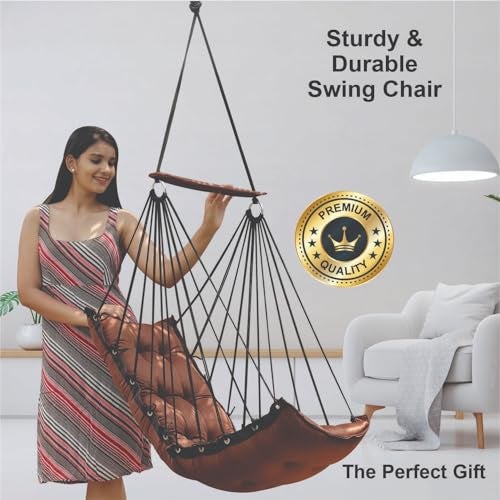 JULJULIA Swing for Balcony Comfortable Cotton Swing Relaxing Jhula for Adults for Home Indoor Outdoor Hanging Seat for Apartment Patio Terrace Garden- 200 kg Weight Capacity - JJ Low Brown - Image 3