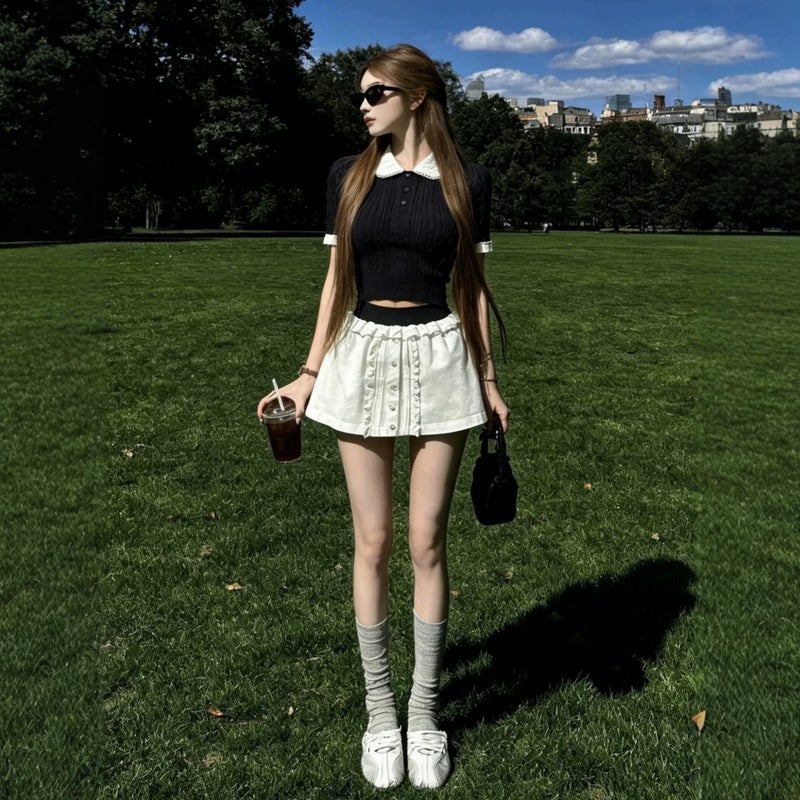 Women's Korean Style Sweet Doll Collar Top and Skirt Co-ord Set - Image 1