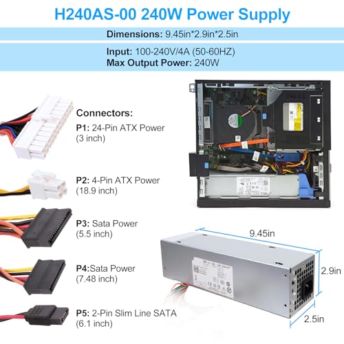 S-Union 240W Power Supply Unit Replacement for Dell OptiPlex 390 790 960 990 3010 9010 Small Form Factor System SFF H240AS-00 H240AS-01 H240ES-00 D240ES-00 AC240AS-00 AC240ES-00 L240AS-00 PH3C2 - Image 5