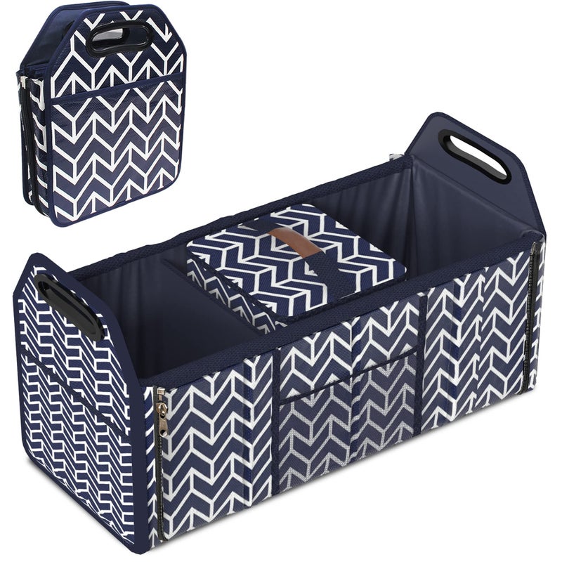Trunk Organizer Foldable Car Storage Bag Portable Insulation Cooler Bag Collapsible Vehicle Organizer Divider Storage Totes with 3 Compartment Cargo Tote for Groceries Caddy SUV Navy Blue