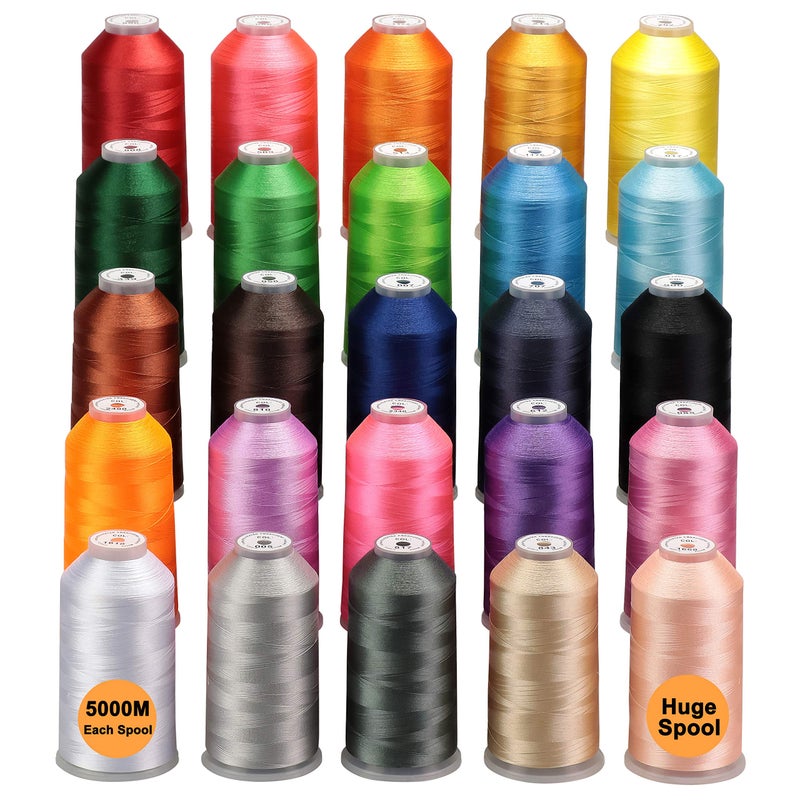 New brothreads  25 Basic Colors of Huge Spool 5000M Polyester Embroidery Machine Thread for Commercial and Domestic Embroidery Machines