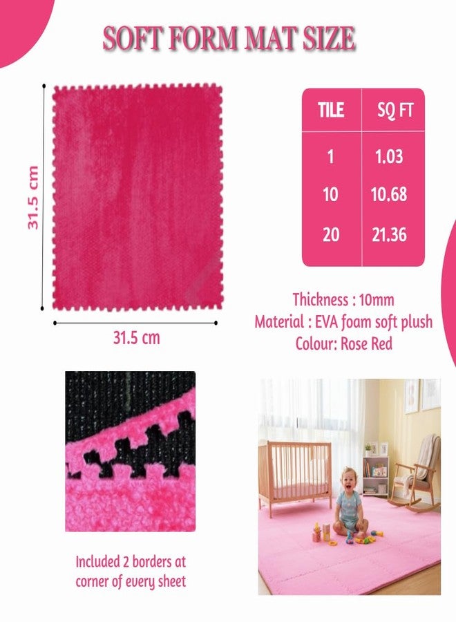 Metreno 10mm/20pcs Kids mats for Floor Soft Plush Foam Babies Puzzle Interlocking Play mats for Crawling Playing Tile mat Carpet Rug for Infants and Toddlers (Rose Red, 31.5 * 31.5 * 1cm - 20pcs) - Image 2