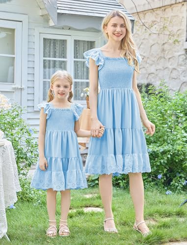 AWIBMK Mommy and Me Dress Boho Summer Casual Holiday Mother Daughter Matching Ruffle Sleeve Aline Tiered Smocked Dress Blue S - Image 3