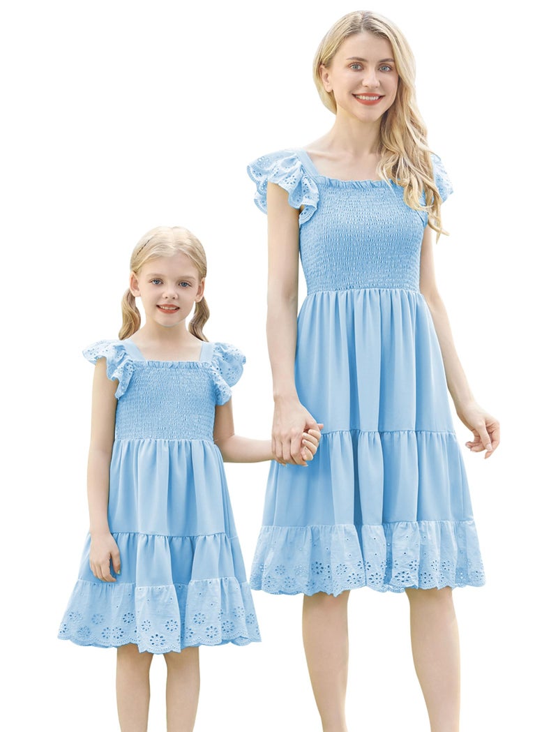 AWIBMK Mommy and Me Dress Boho Summer Casual Holiday Mother Daughter Matching Ruffle Sleeve Aline Tiered Smocked Dress Blue S - Image 2