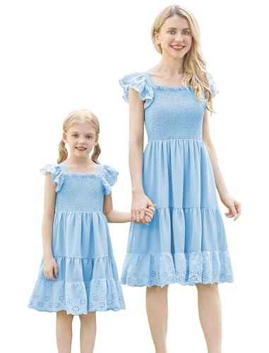 AWIBMK Mommy and Me Dress Boho Summer Casual Holiday Mother Daughter Matching Ruffle Sleeve Aline Tiered Smocked Dress Blue S - Image 1