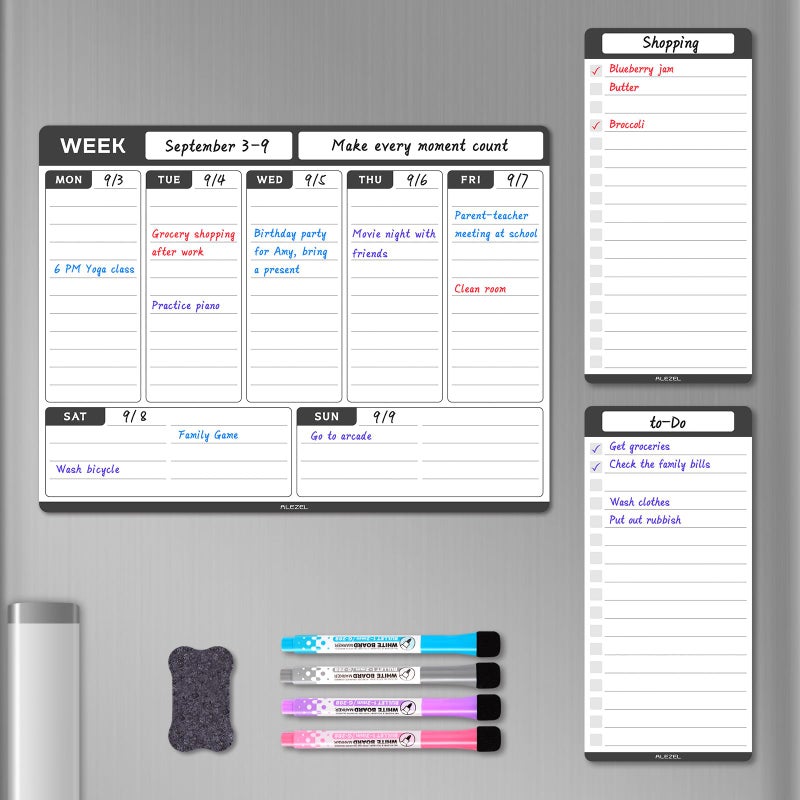 ALEZEL Weekly Dry Erase Board for Refrigerator, Magnetic Weekly Calendar Planner for Fridge, Set of Magnetic Weekly Calendar & 2 List Whiteboards, 4 Markers + Eraser - Image 1