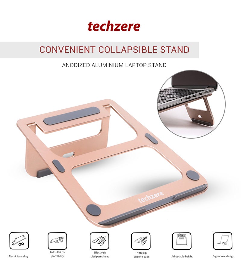 Techzere Anodized Aluminium Lightweight Ergonomic, Air Vented Multi-Function Folding Portable Table Stand for Laptops (Gold) - Image 2