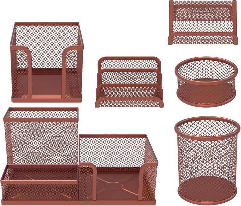 windforgecraft Desk Organizer Set 6 Pieces Mesh Desk Pen Organizer Set Includes 3 Compartments Mesh Pencil Holder Round Mesh Pencil Cup Holder Pen Holder Cup Mesh Business Card Stand for Desk Accessories (Rose Gold) - Image 1