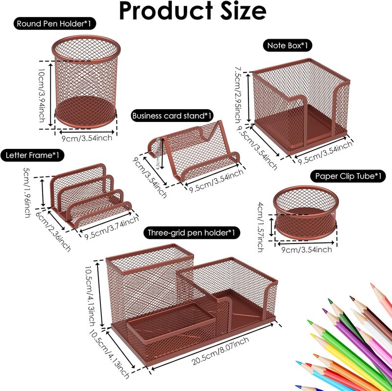 windforgecraft Desk Organizer Set 6 Pieces Mesh Desk Pen Organizer Set Includes 3 Compartments Mesh Pencil Holder Round Mesh Pencil Cup Holder Pen Holder Cup Mesh Business Card Stand for Desk Accessories (Rose Gold) - Image 2