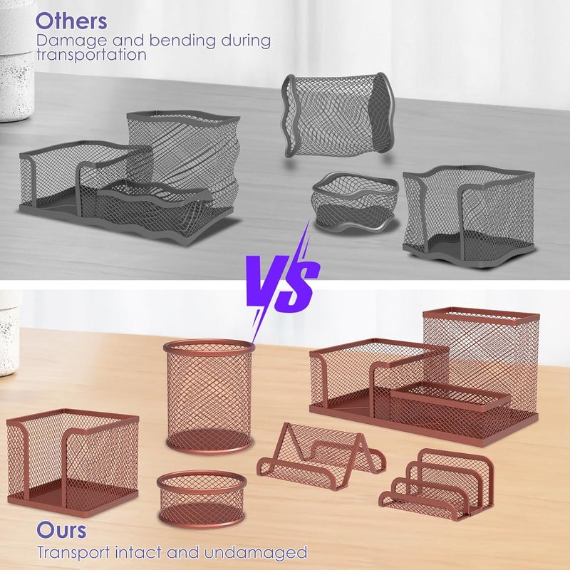 windforgecraft Desk Organizer Set 6 Pieces Mesh Desk Pen Organizer Set Includes 3 Compartments Mesh Pencil Holder Round Mesh Pencil Cup Holder Pen Holder Cup Mesh Business Card Stand for Desk Accessories (Rose Gold) - Image 5